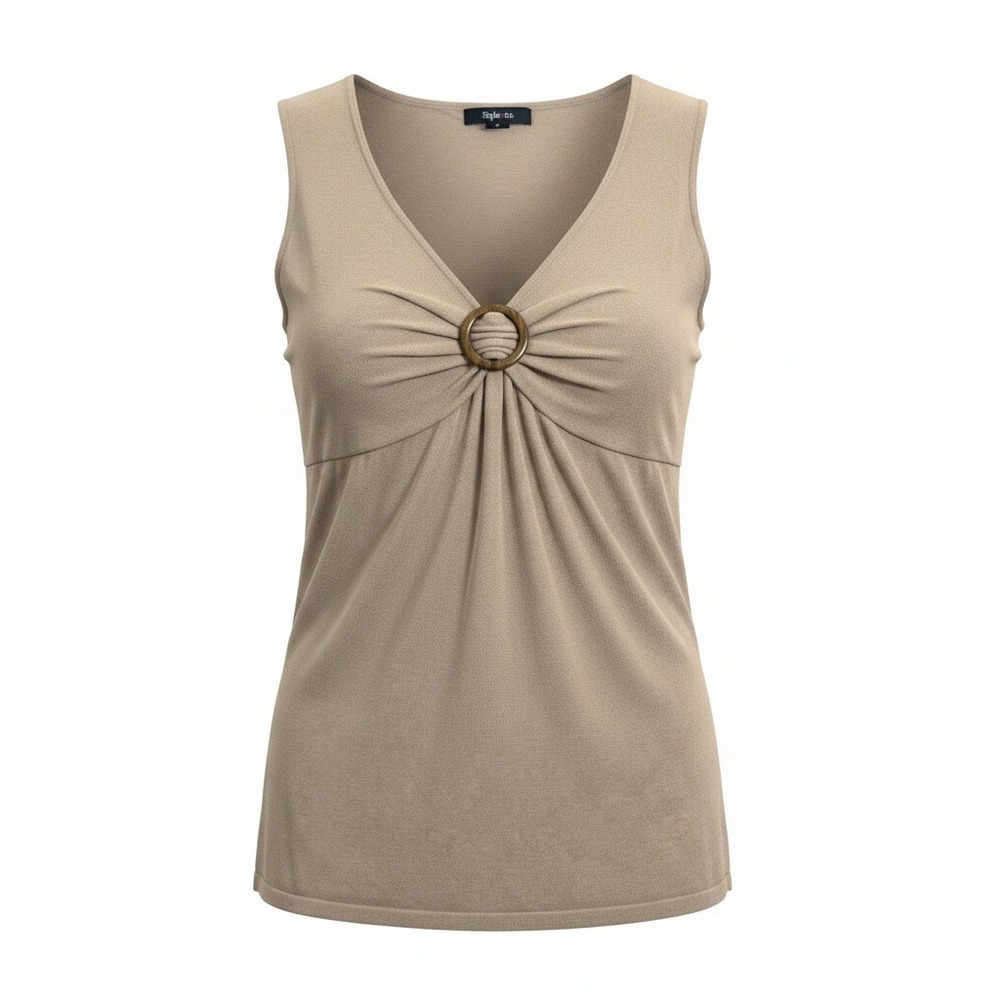 Style & Co Womens Large Tan Sleeveless Sweater Tank Top O-Ring Ruched Front